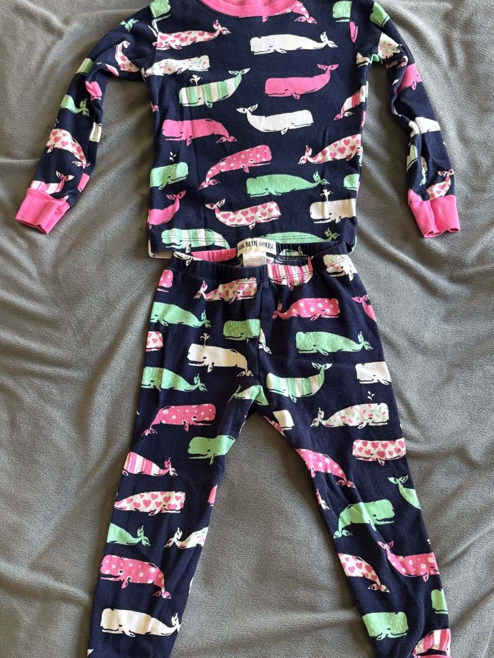 Hatley Navy Pink Green White Whale Print Kids Footed Pajama Set